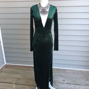 Green Velvet Deep V evening gown leg slit